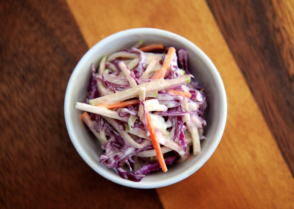 A small pot of red cabbage coleslaw
